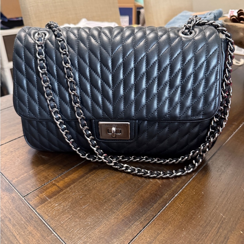 Karl Lagerfeld Agyness Black Quilted Shoulder Bag with Chain
